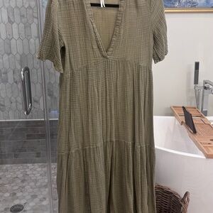 Anthropologie Olive Green V-Neck Tiered Maxi Dress